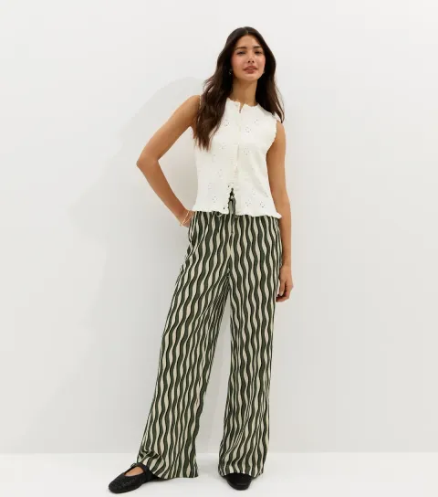 Green Jersey Wave Patterned Wide Leg Trousers
