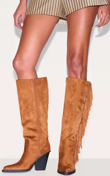 Tan Faux Suede Point Toe Fringed High Block Heel Knee Boots