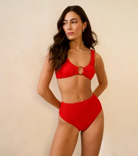 Red Textured Ring Detail Bikini Top