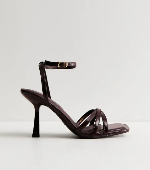 Wide Fit Dark Burgundy Faux Leather Strappy Stiletto Sandals Vegan