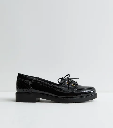 Black Patent Faux Leather Lace Up Loafers Vegan