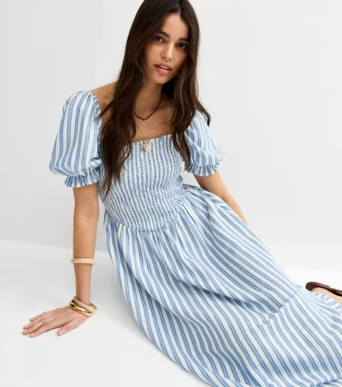 Blue Striped Shirred Puff Sleeve Midi Dress