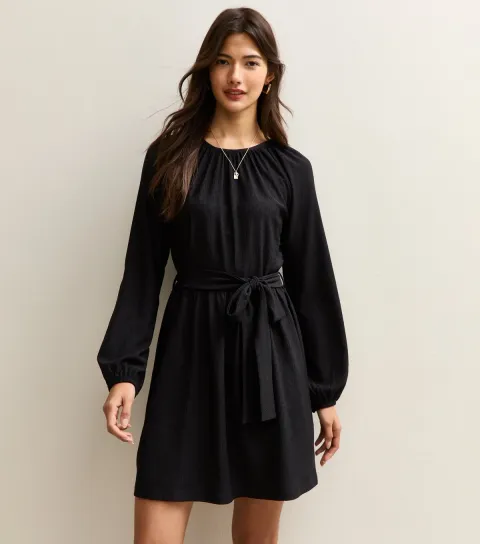 Black Crinkled Jersey Belted Mini Dress