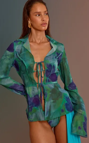 Emerald Green Ombre Print Long Sleeve Tie Front Beach Shirt