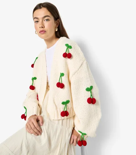 Stone Cherry Appliqued Open Cardigan