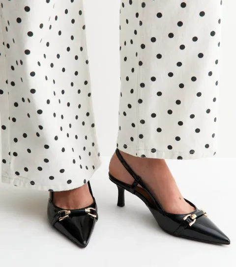 Black Patent Faux Leather Hardware Detail Slingback Pumps Vegan