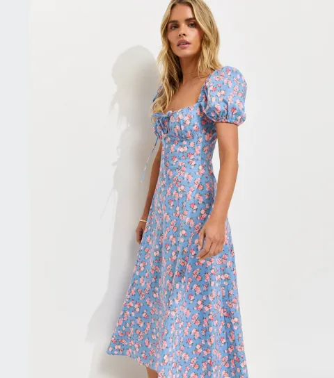 Petite Blue Rose Print Milkmaid Midi Dress
