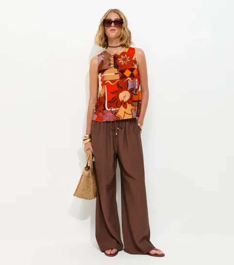Dark Brown Drawstring Wide Leg Trousers