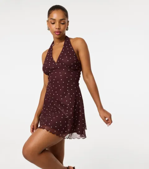 Dark Brown Polka Dot Halter Neck Mini Dress