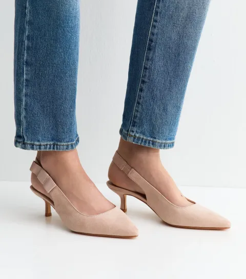 Wide Fit Pink Faux Suede Kitten Heel Slingback Court Shoes Vegan