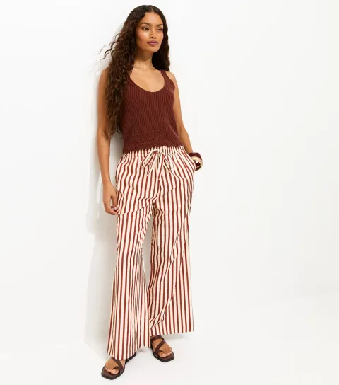 Petite Red Striped Drawstring Wide Leg Trousers