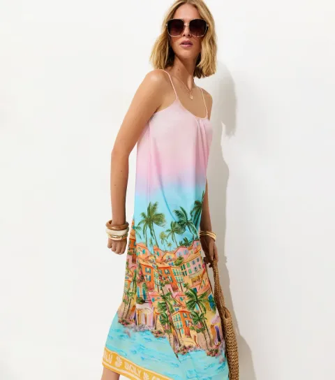 Pink Sicily Print Strapppy Midi Dress