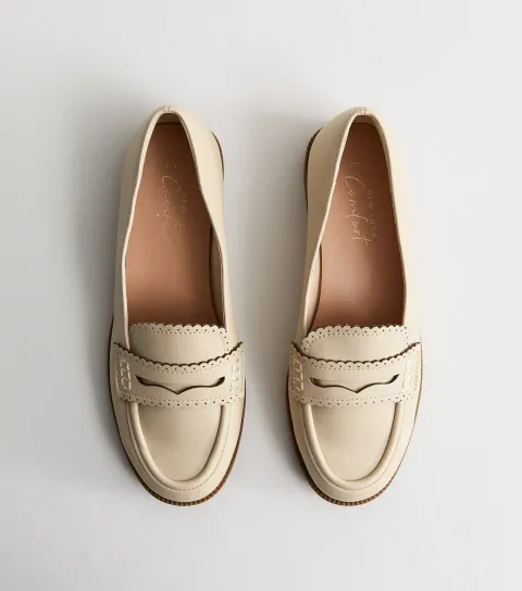 Off White Faux Leather Scalloped Penny Loafers Vegan