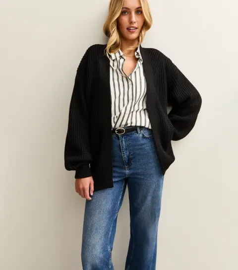 Tall Black Ribbed Knit Balloon Sleeve Long Cardigan