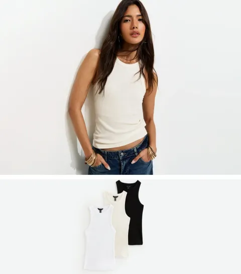 Cream Pack of 3 Racer Back Ribbed Jersey Vest Tops