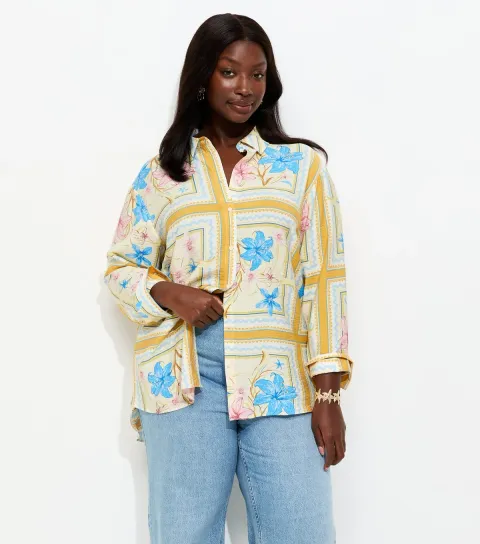 Plus Size Yellow Floral Title Print Shirt Curves