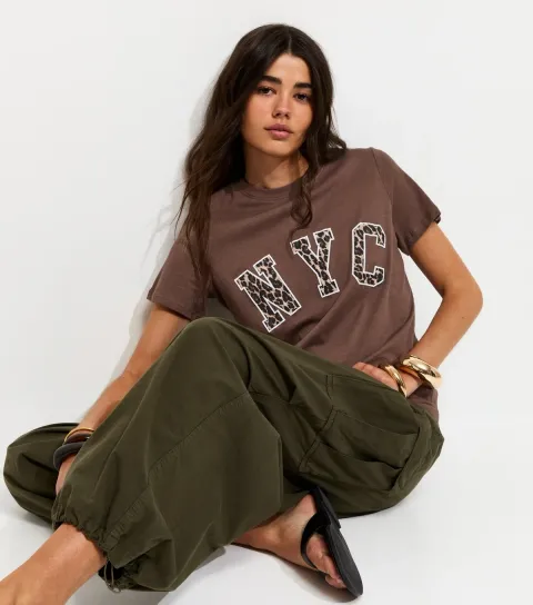 Dark Brown Cotton Leopard Print NYC Logo T-Shirt