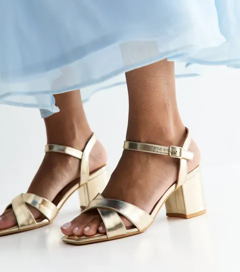 Wide Fit Gold Cross Strap Block Heel Sandals