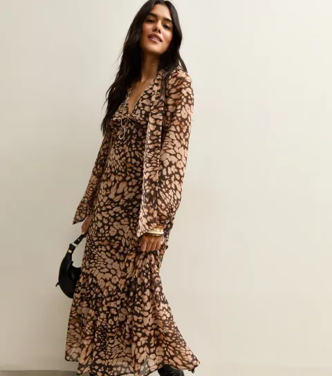 Brown Printed Chiffon Tie Neck Midi Dress