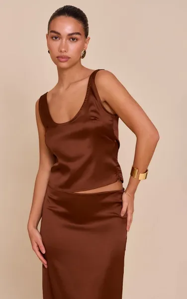 Chocolate Satin Scoop Neck Cami Top