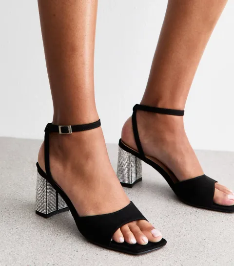 Black Faux Suede Gem Embellished Block Heel Sandals Vegan