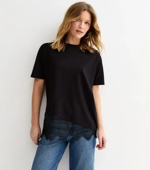 Black Cotton Scalloped Lace T-Shirt