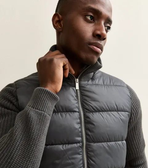 Dark Grey Regular Knit Sleeve Puffer Jacket