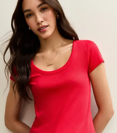 Red Ribbed Scoop Neck T-Shirt