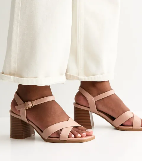 Light Pink Faux Leather Block Heel Sandals Vegan
