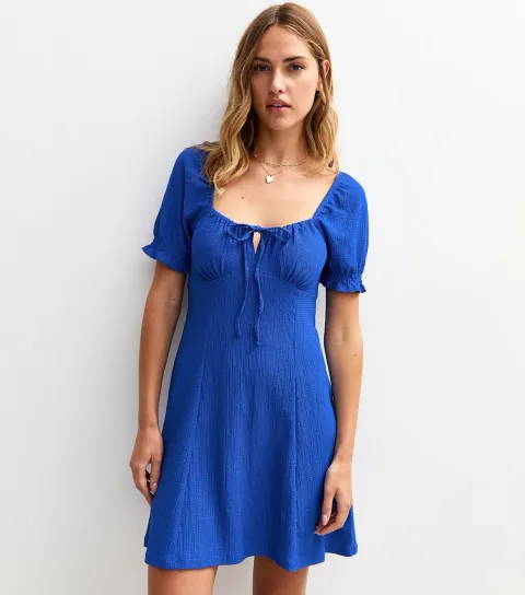 Bright Blue Crinkle Texture Milkmaid Mini Dress