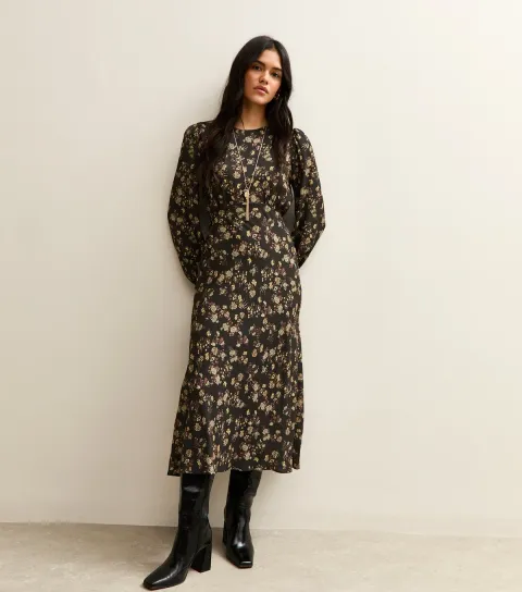 Black Floral Print Three Quarter Sleeve Midi Dress