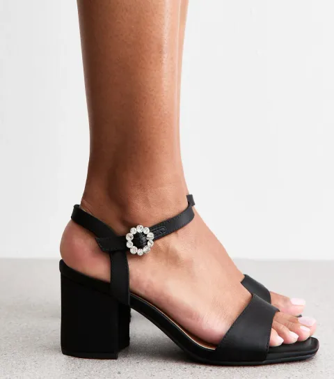 Wide Fit Black Satin Embellished Buckle Block Heel Sandals Vegan