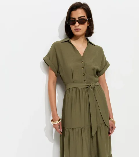 Dark Khaki Tiered Midi Shirt Dress