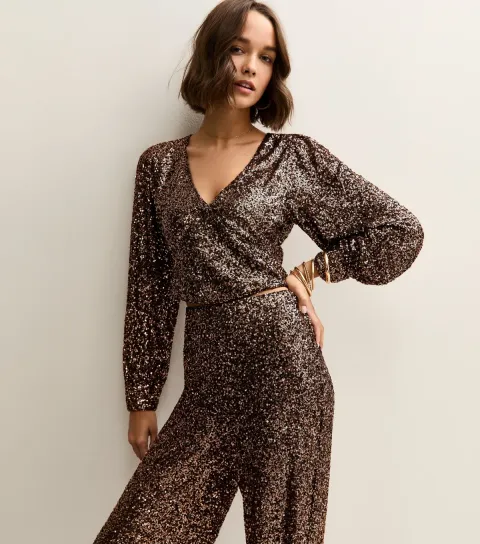 Mid Brown Sequinned Long Sleeve Top