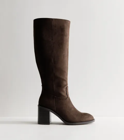 Dark Brown Faux Suede Block Heel Boots Vegan