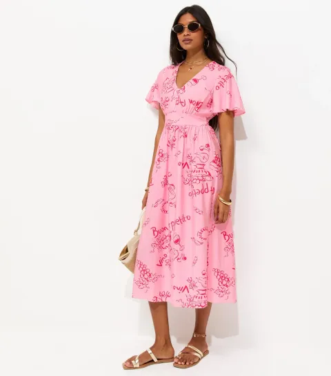 Pink Vino Print Flutter Sleeve Midi Dress