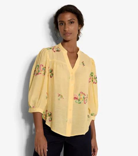 Yellow Slubbed Floral Embroidered Blouse