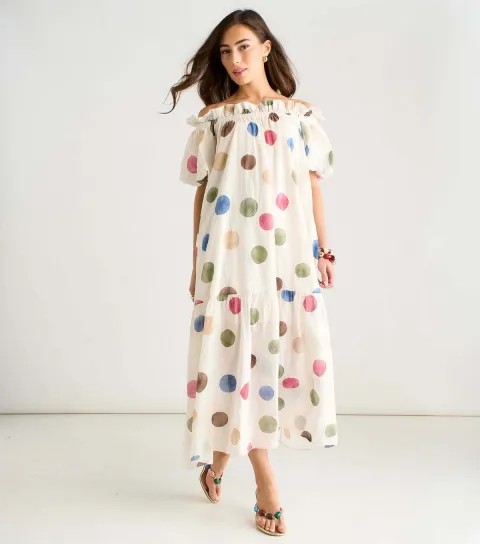 Cream Polka Dot Puff Sleeve Maxi Dress