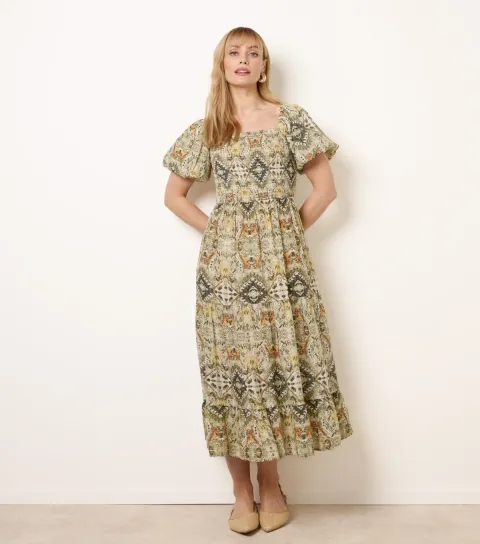 Green Abstract Print Puff Sleeve Midi Dress