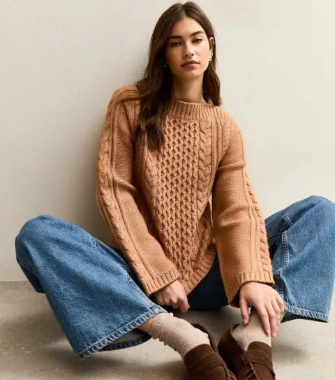Camel Cable Knit Wide Sleeve Jumper