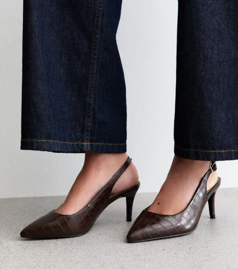 Extra Wide Fit Brown Textured Slingback Court Shoes Vegan