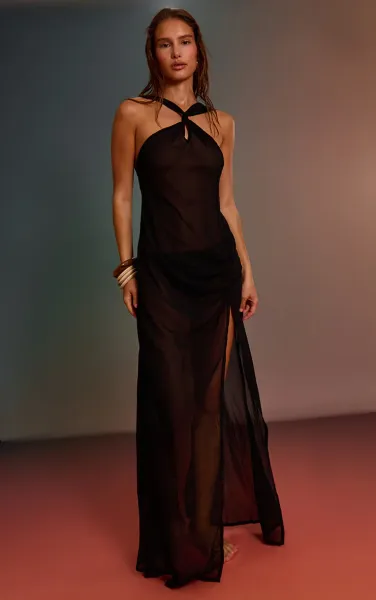 Black Halter Neck Chiffon Maxi Beach Dress