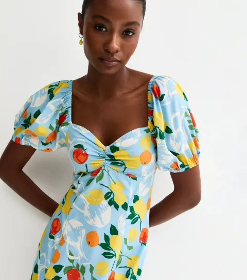 Light Blue Crepe Fruit Print Midi Dress