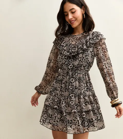 Black Floral Print Ruffled Long Sleeve Mini Dress