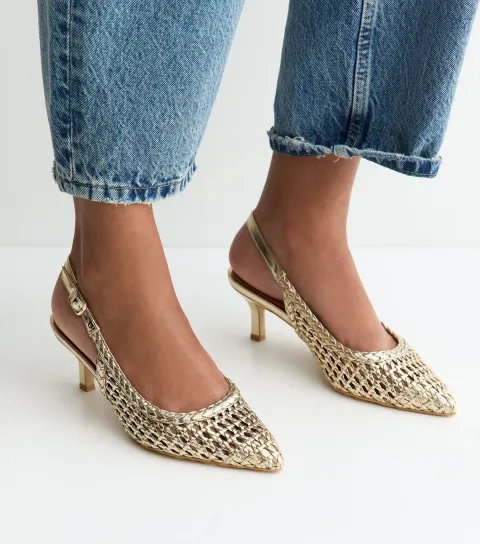 Gold Faux Leather Woven Slingback Pumps Vegan