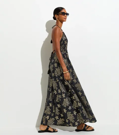 Black Cotton Rich Shimmer Jacquard V-Neck Beach Dress