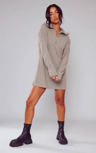 Sage Khaki Rib High Neck Half Zip Oversized Jumper Dress