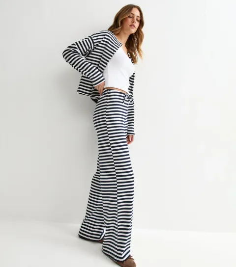 Blue Relaxed Striped Wide Leg Trousers