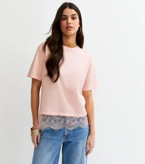 Pink Lace Hem Boxy T-Shirt