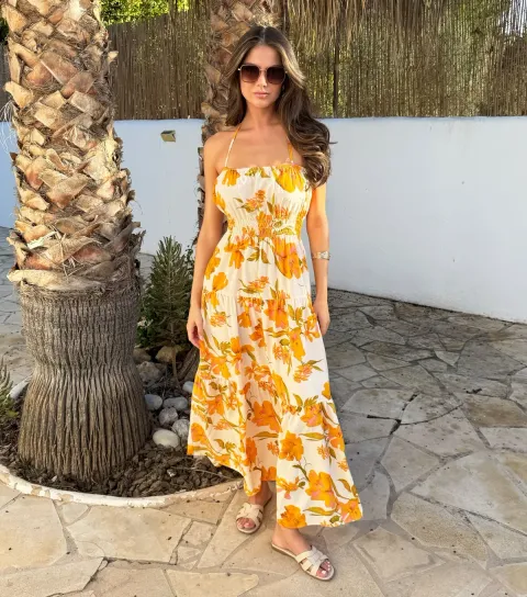 Yellow Floral Tiered Halterneck Midi Dress